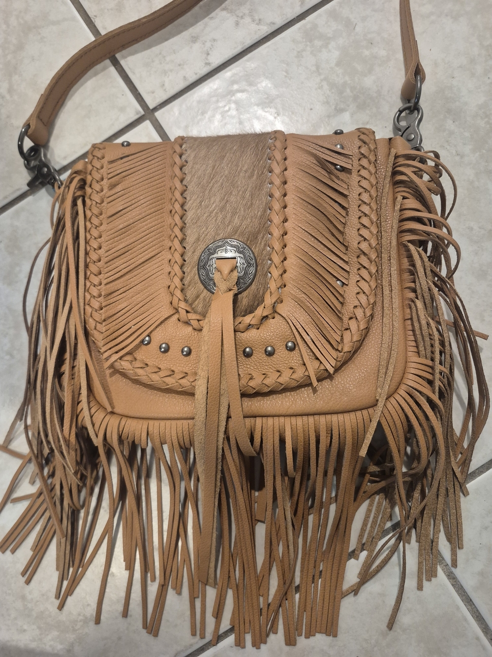 NWT Montana West Tan Fringed Shoulder Bag with Braided Trim